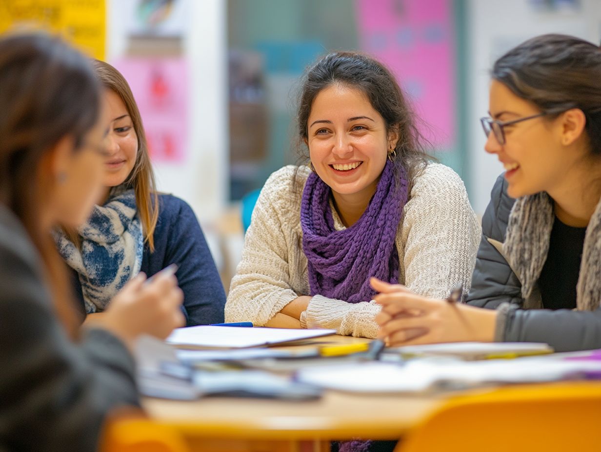 A diverse group engaging in language learning activities.